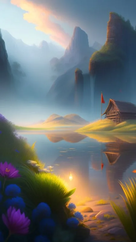 Fantasy Lakeside Hut Blooms Nature Wallpaper
