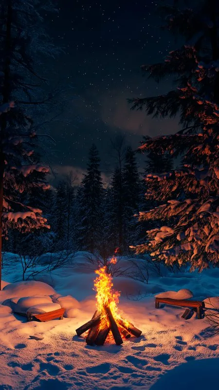 Nature Fire Forest Winter Snow Trees Night Wallpaper