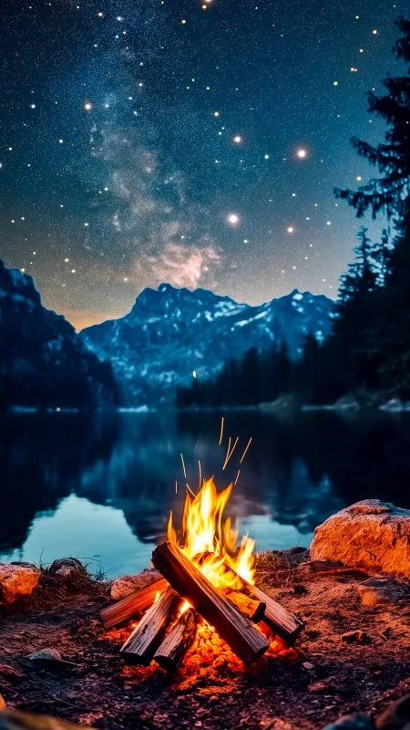 Nature Fire Stars Starry Sky Lake Evening Wallpaper