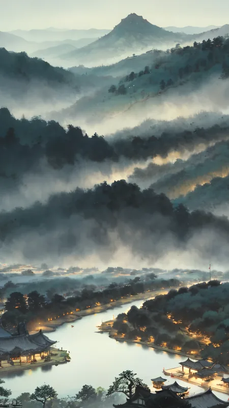 Foggy Hills River Village Nature Wallpaper