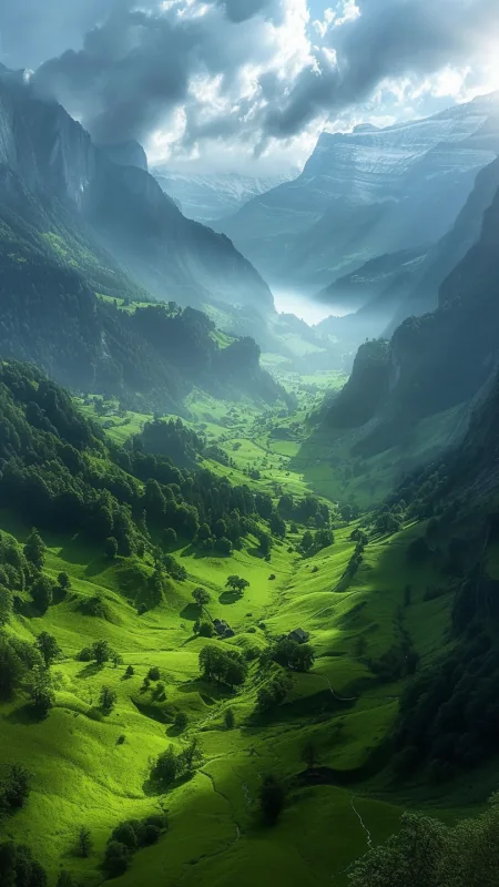Nature Green Valley And Valley Surrounded Mountains Wallpaper