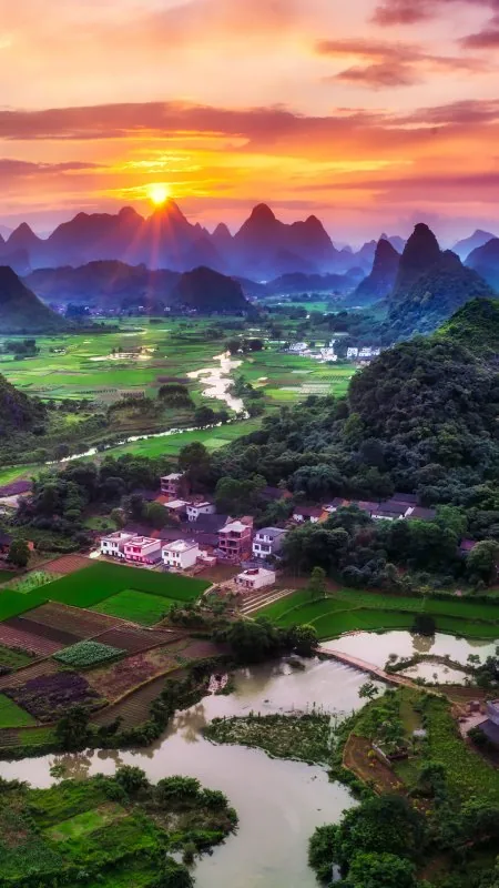 Guilin City China Sunset Beautiful Green Nature Wallpaper