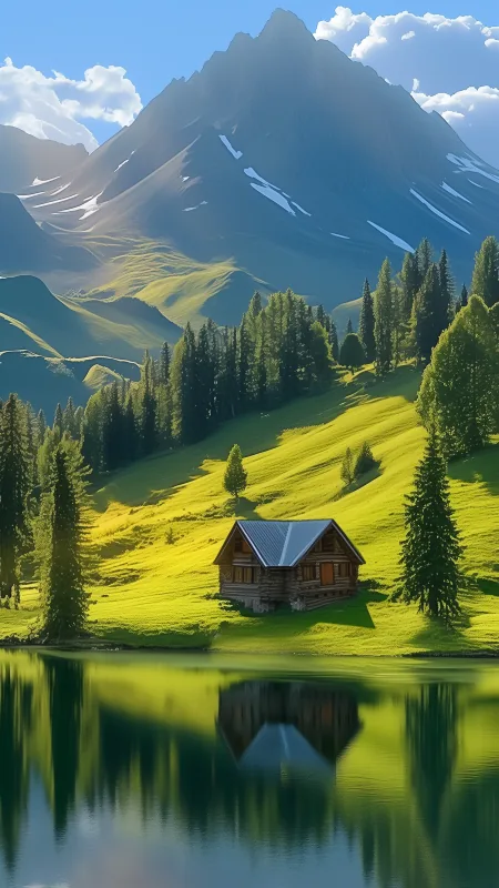 Hillside Cabin Green Slopes Nature Wallpaper