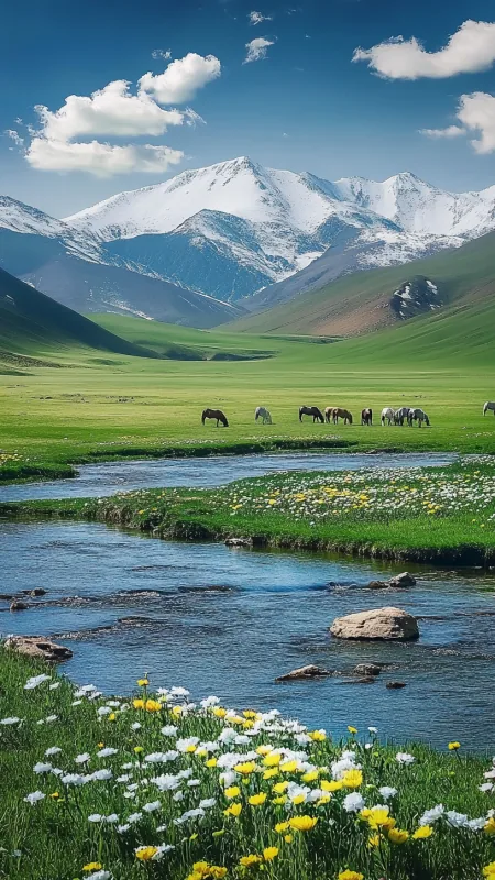 Horses Grazing Alpine Meadow Nature Wallpaper