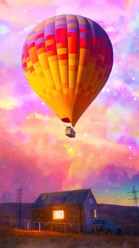 Nature Hot Air Balloon Flying Over House Wallpaper