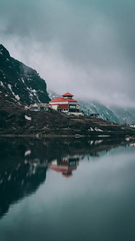 Lakeside Temple Misty Cliffs Nature Wallpaper