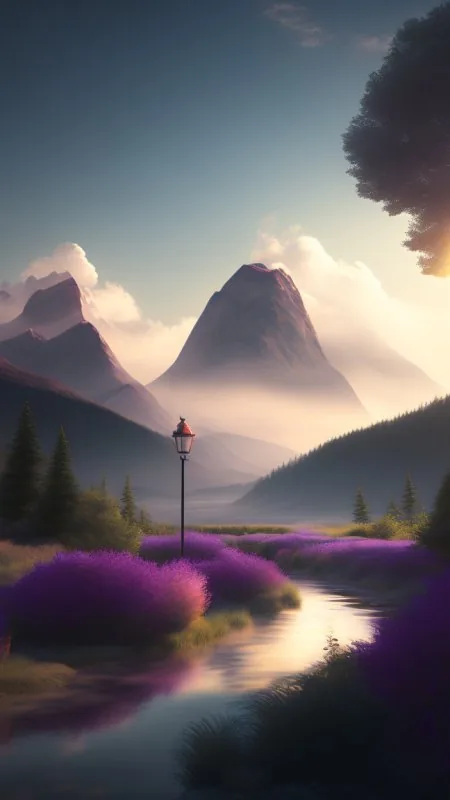 Lamppost Among Purple Blooms Nature Wallpaper