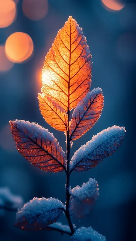 Leaves Branch Snow Winter Macro HD Nature Wallpaper