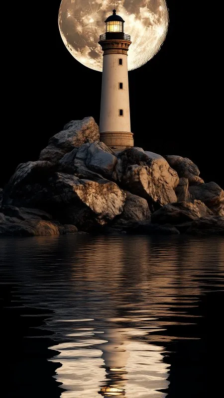 Lighthouse Moon Sea Stones HD Nature Wallpaper