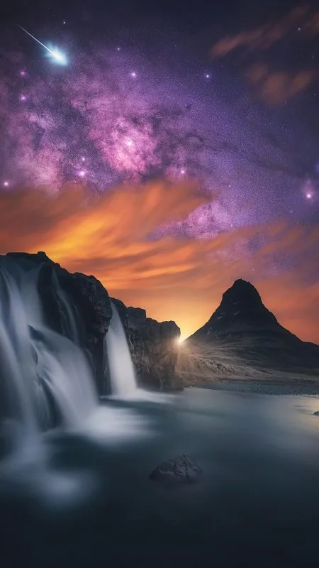 Milky Way Over Waterfalls Nature Wallpaper
