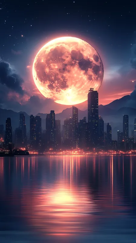 Nature Moon Over The City Skyline Wallpaper