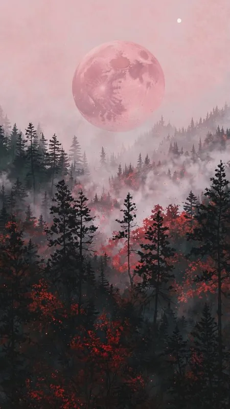 Moon Trees Forest Nature Hills Pink Phone Wallpaper