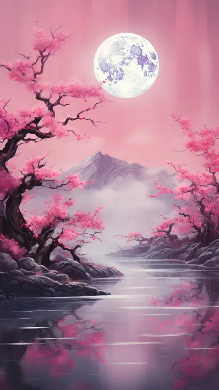 Moon With Pink Trees HD Nature Wallpaper