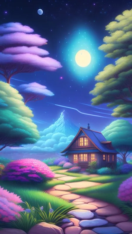 Moonlit Cottage Stone Path Nature Wallpaper