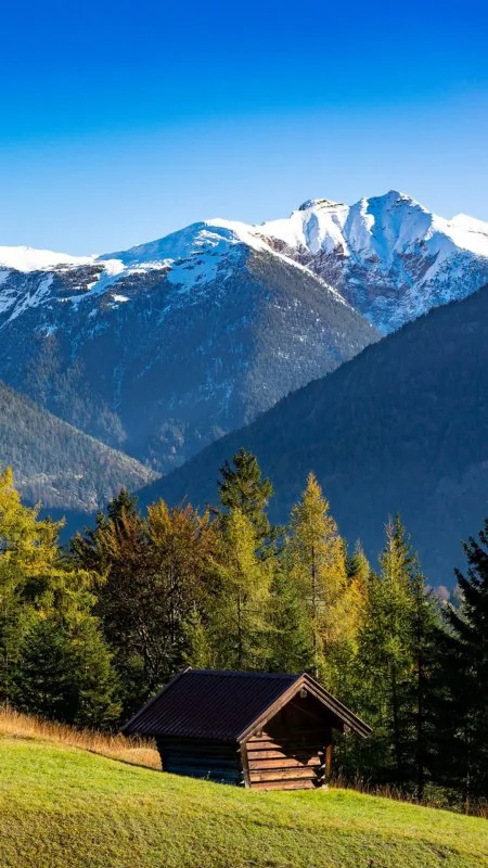 Mountain Hut Autumn Larches Nature Wallpaper