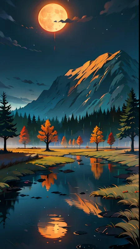 Orange Moon Autumn Lake Nature Wallpaper