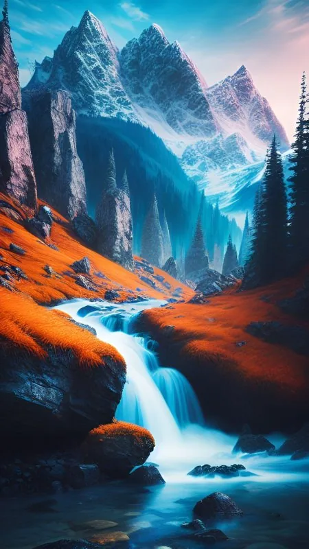 Orange Moss Mountain Waterfall Nature Wallpaper