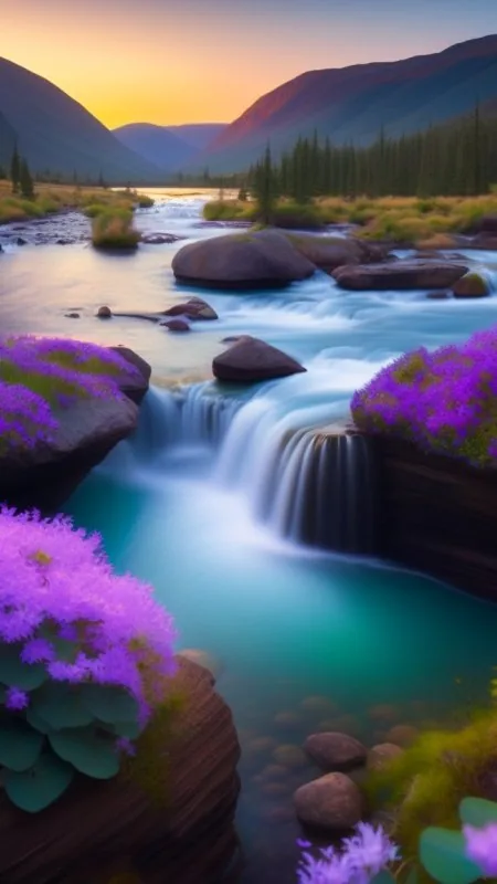 Purple Blooms Turquoise Cascades Nature Wallpaper