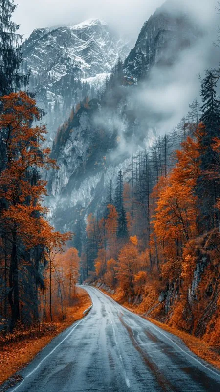 Rainy Road Orange Forest Nature Wallpaper