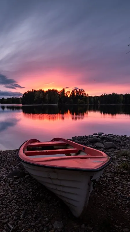 Red Rowboat Sunset Shore Nature Wallpaper
