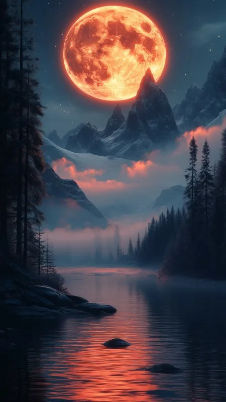 Nature River Moon Mountains Landscape Night Wallpaper