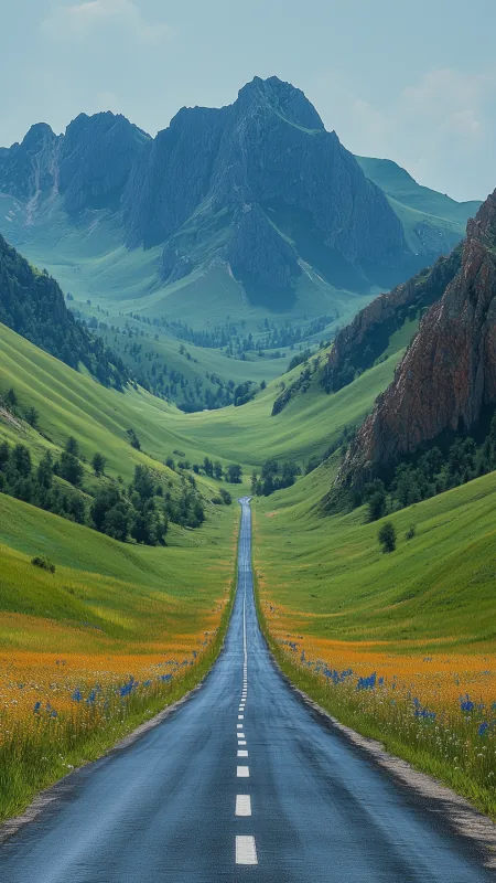 Road With Grasslands Mountains Nature Wallpaper