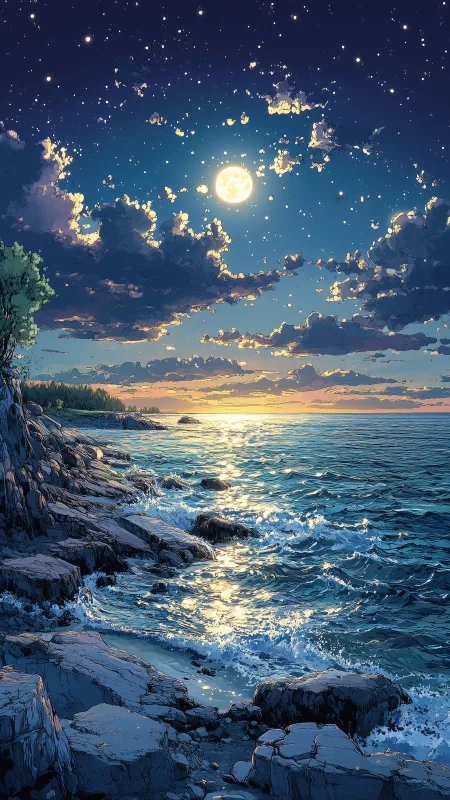 Sea At Night Beautiful Sky Moon HD Nature Wallpaper