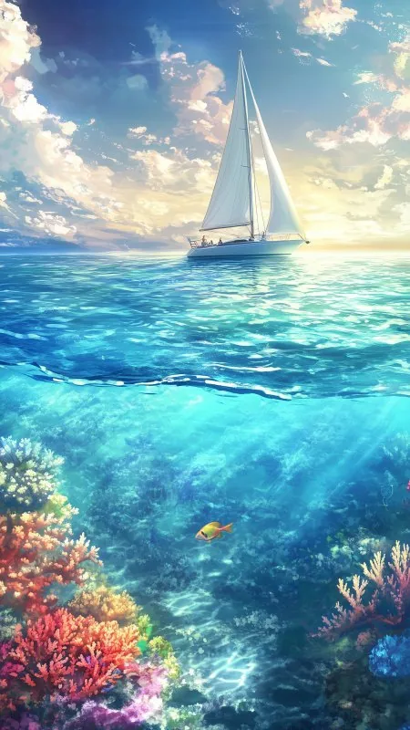 Sea Yacht Sail Corals Fish Underwater HD Nature Wallpaper