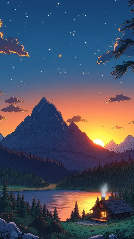 Starlit Cabin Lakeside Evening Nature Wallpaper