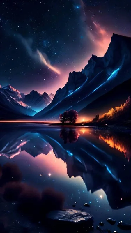 Starlit Fantasy Mountain Lake Nature Wallpaper
