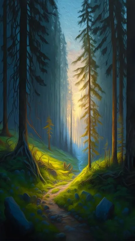 Sunlit Forest Path Painting Nature Wallpaper