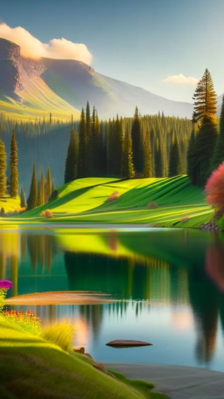 Sunlit Meadow Lake Pines Nature Wallpaper