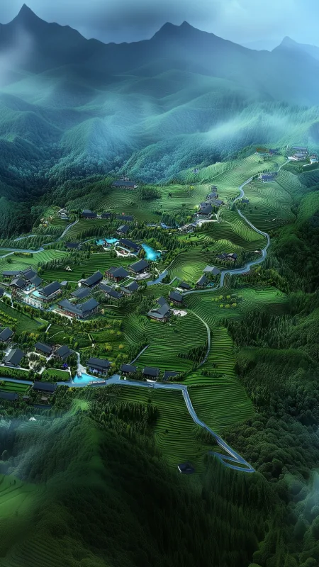 Terraced Hills Aerial Village Nature Wallpaper