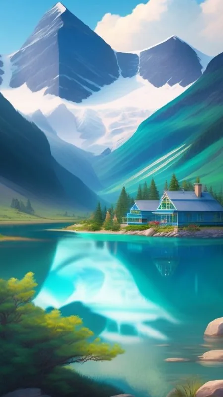 Turquoise Lake Blue House Nature Wallpaper