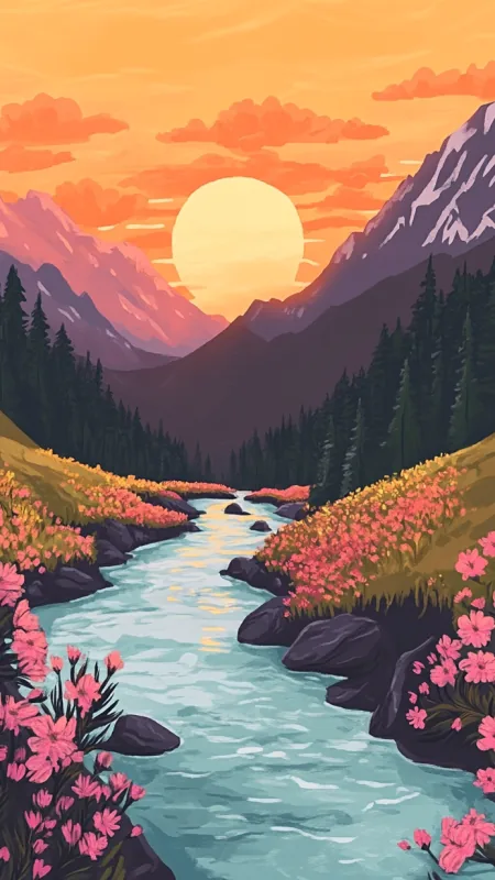Valley Surrounded By Mountains Painting Nature Wallpaper