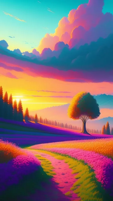 Vivid Sunset Meadow Tree Nature Wallpaper