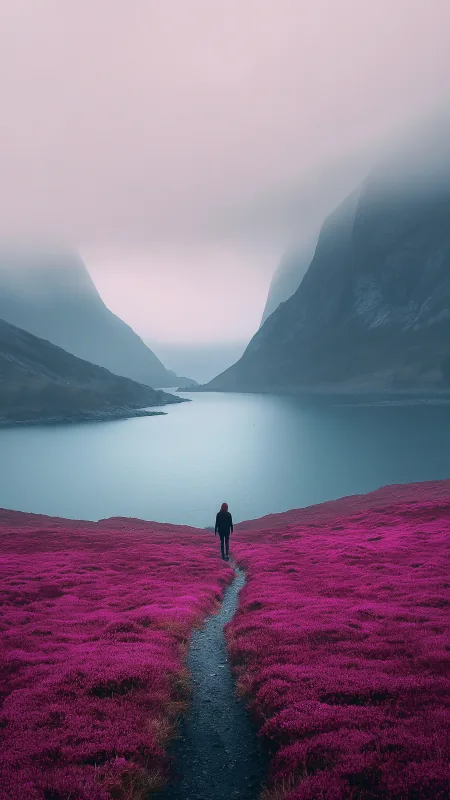 Wanderer Magenta Heather Fjord Nature Wallpaper