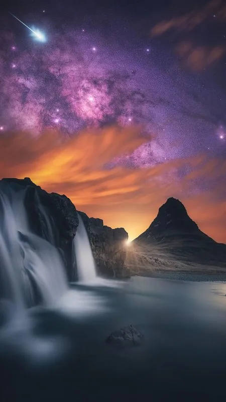 Waterfall Glowing Sky Stars Mountains Nature Wallpaper