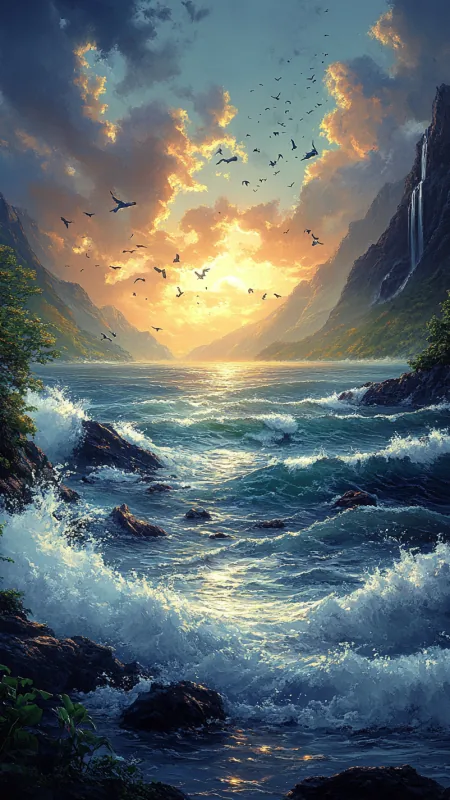 Nature Waves The Sea The Mountains Wallpaper