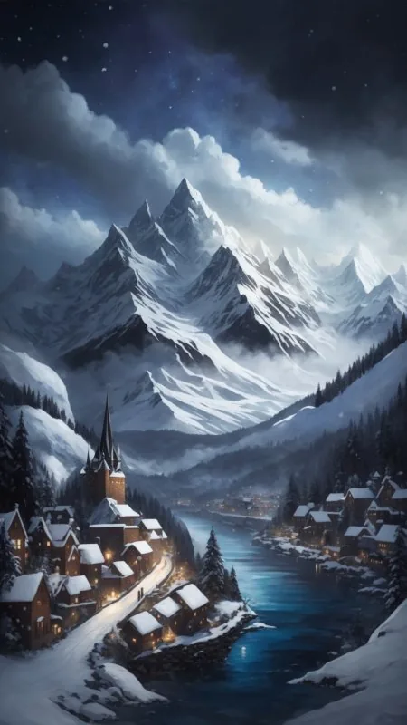 Nature Winter In Mountain Painting Wallpaper