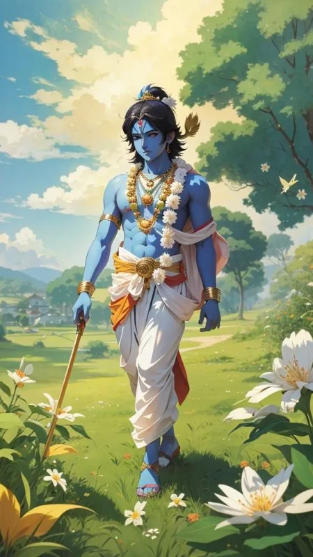 Anime Krishna Flower Meadow Radha Krishna Wallpaper