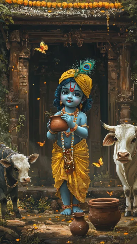 Baby Krishna Cows And Pots Radha Krishna Wallpaper