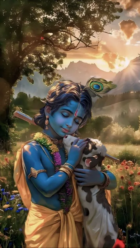 Bal Krishna Hugging Calf Radha Krishna Wallpaper