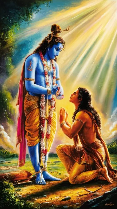 Krishna Blessing Kneeling Devotee Radha Krishna Wallpaper