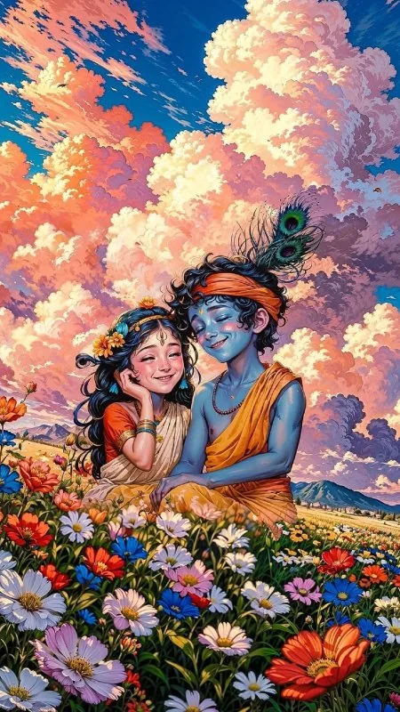 Radha Krishna Blossom Field Wallpaper