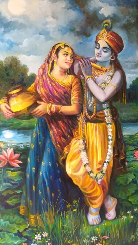 Radha Krishna By Lotus Pond Wallpaper