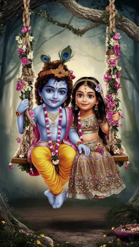Children On Flower Swing Radha Krishna Wallpaper