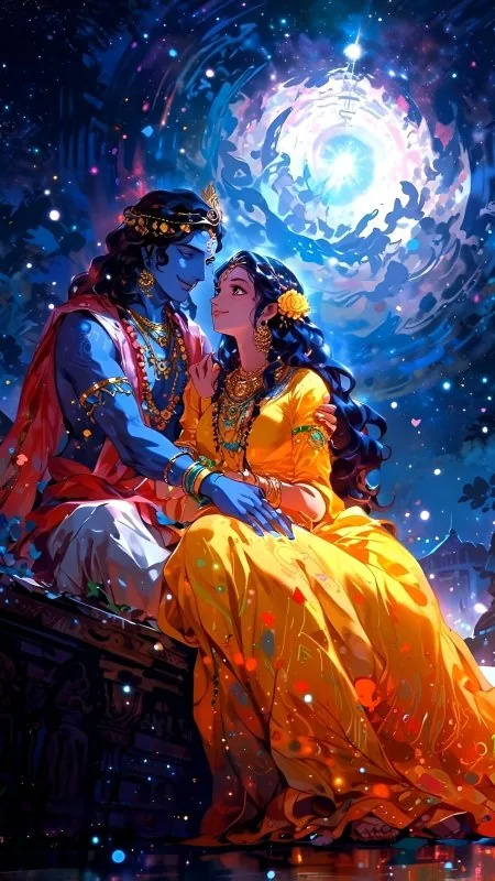 Cosmic Moonlit Divine Couple Radha Krishna Wallpaper
