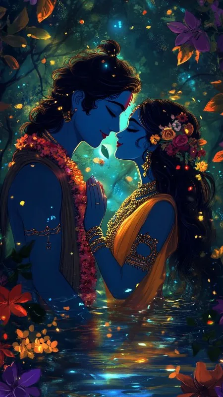 Fireflies Enchanted River Embrace Radha Krishna Wallpaper