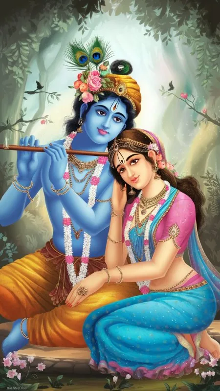 Flute Melody Forest Romance Radha Krishna Wallpaper